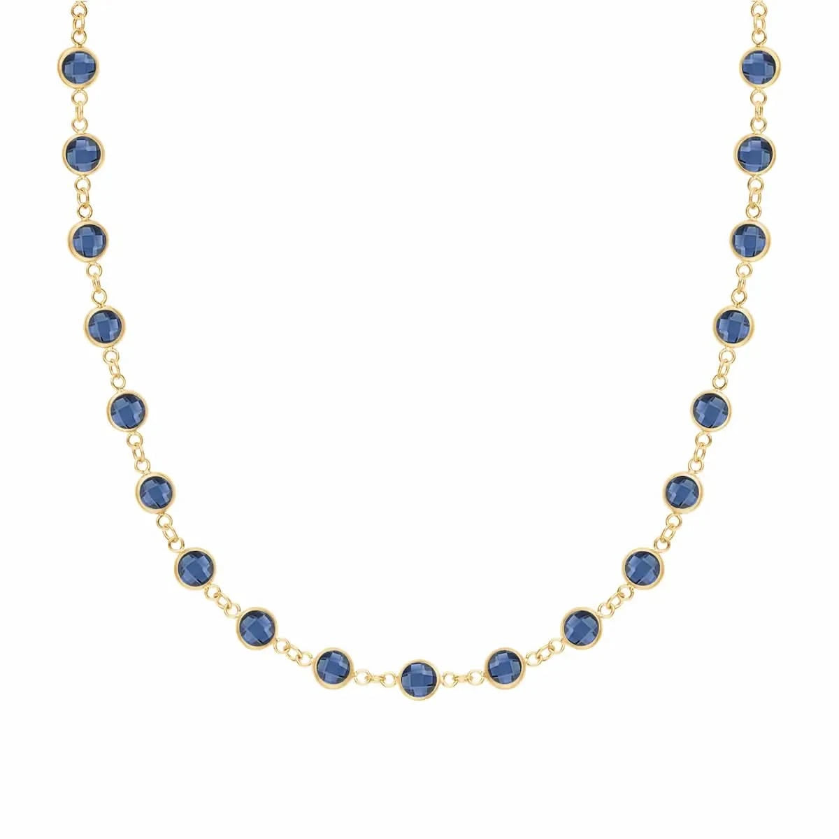 Newport necklace featuring nineteen 4 mm briolette cut sapphire bezel set in 14k yellow gold - front view
