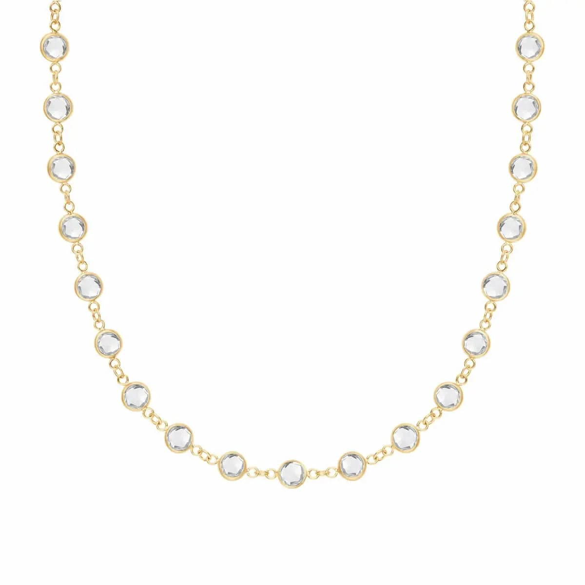Newport necklace featuring nineteen 4 mm briolette cut white topaz bezel set in 14k yellow gold - front view