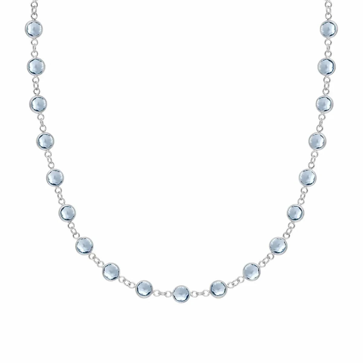 Newport necklace featuring fourty-two 4 mm briolette cut aquamarines bezel set in 14k white gold