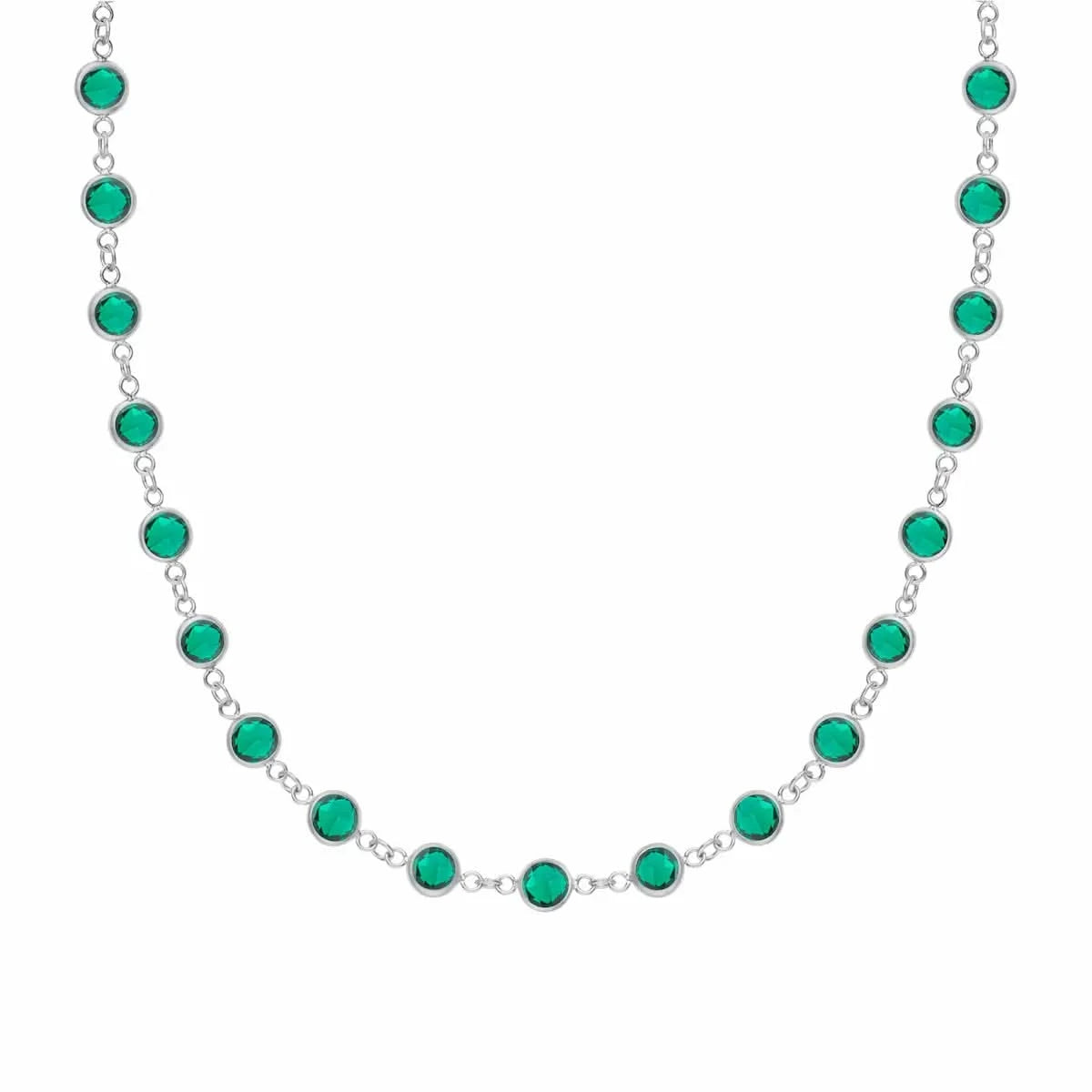 Newport necklace featuring nineteen 4 mm briolette cut emeralds bezel set in 14k white gold
