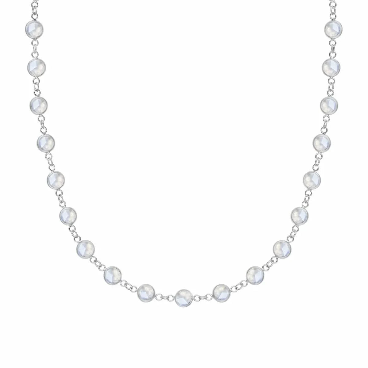 Newport necklace featuring nineteen 4 mm briolette cut moonstones bezel set in 14k white gold