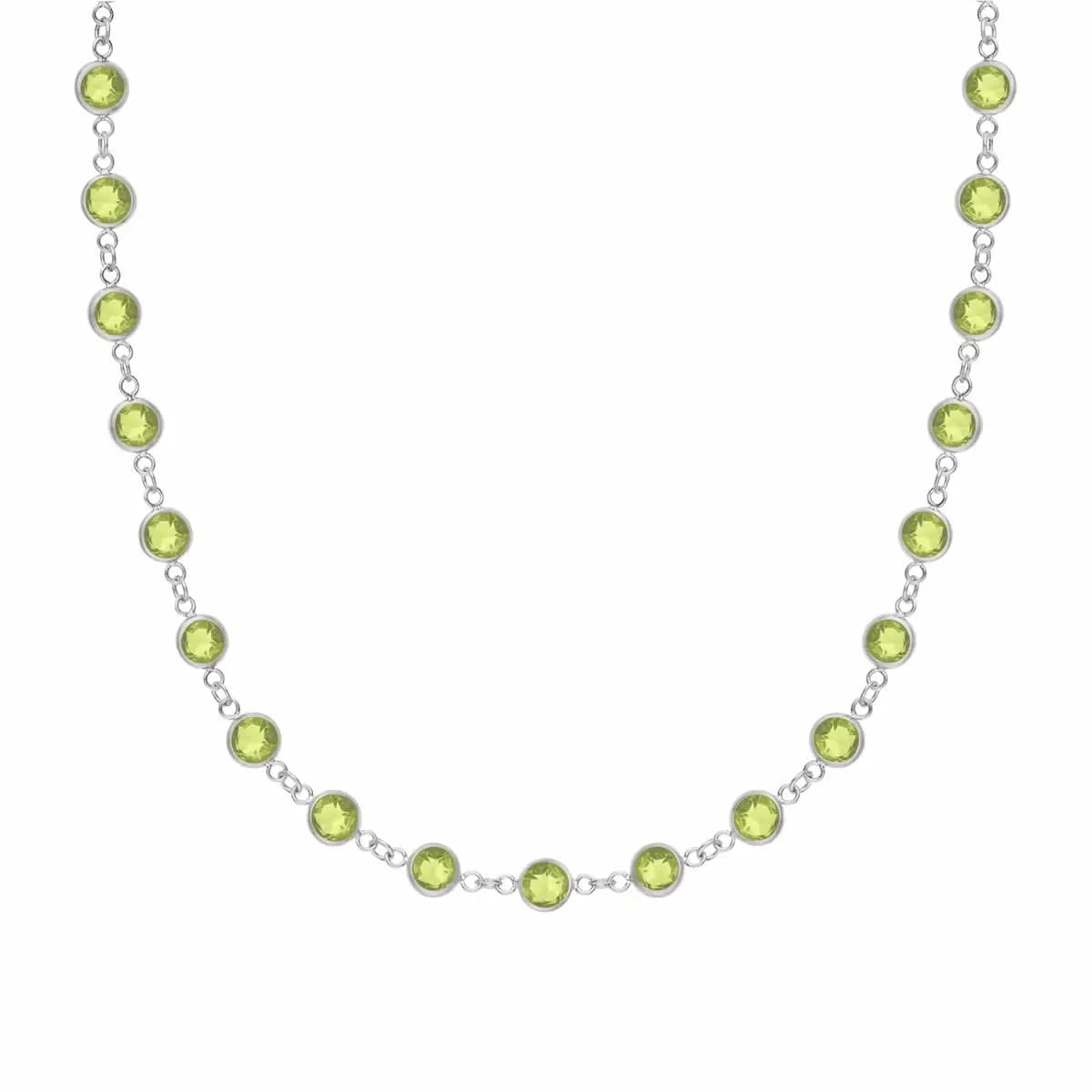 Newport necklace featuring nineteen 4 mm briolette cut peridots bezel set in 14k white gold