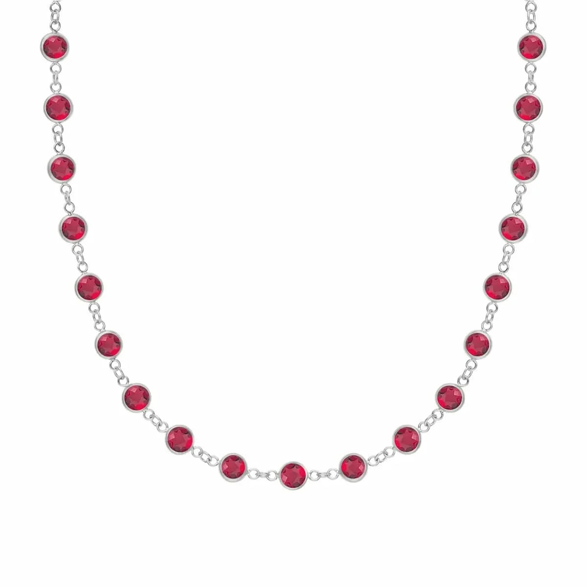 Newport necklace featuring nineteen 4 mm briolette cut rubies bezel set in 14k white gold
