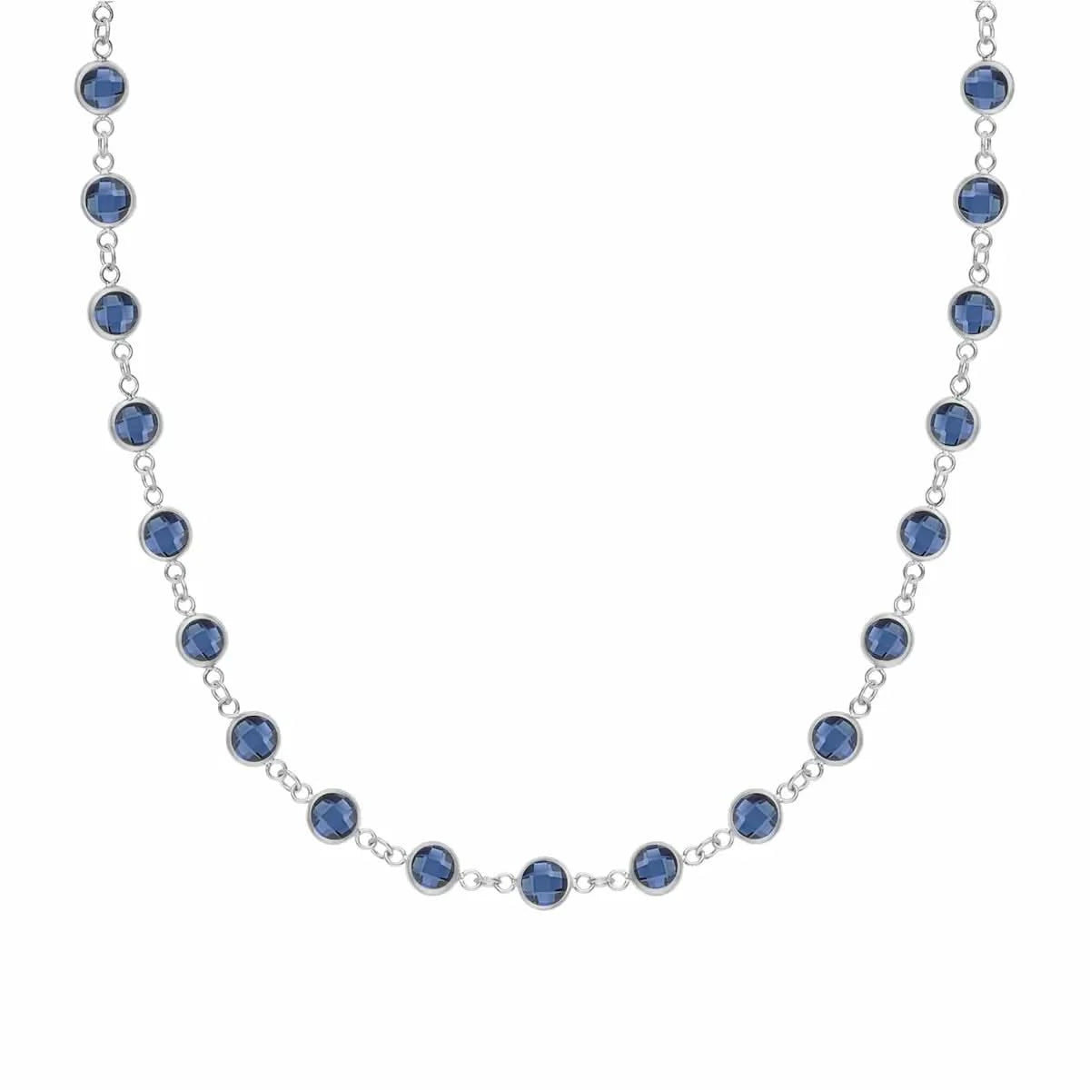 Newport necklace featuring nineteen 4 mm briolette cut sapphire bezel set in 14k white gold