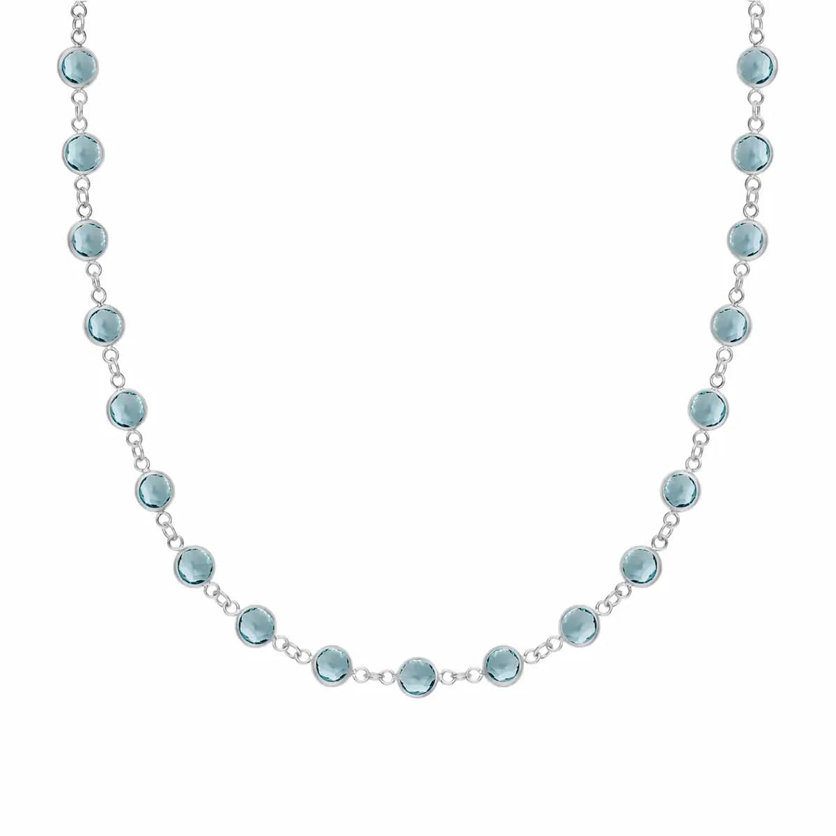 Newport necklace featuring nineteen 4 mm briolette cut Nantucket blue topaz bezel set in 14k white gold