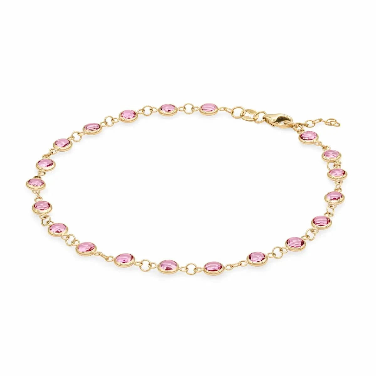 Newport 14k yellow gold bracelet featuring eighteen 4 mm briolette cut bezel set Pink Sapphires - angled view