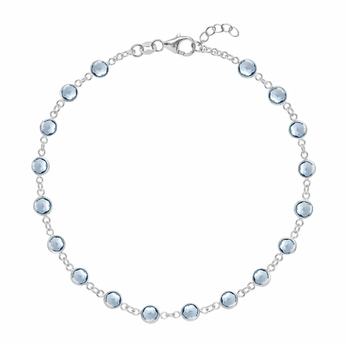 Newport 14k white gold bracelet featuring eighteen 4 mm briolette cut bezel set aquamarines