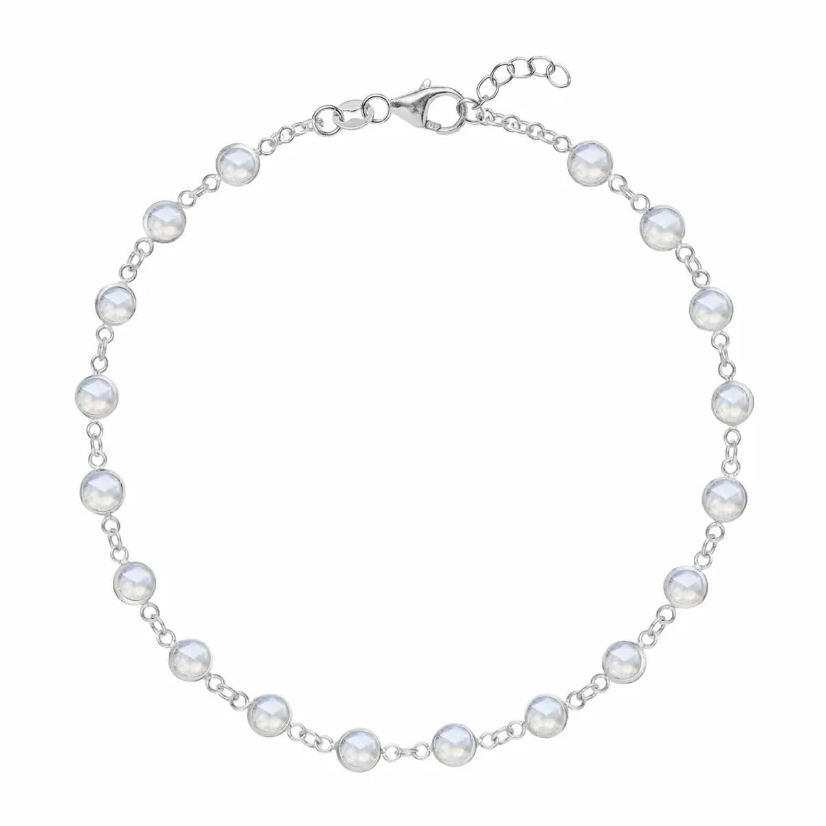 Newport 14k white gold bracelet featuring eighteen 4 mm briolette cut bezel set moonstones