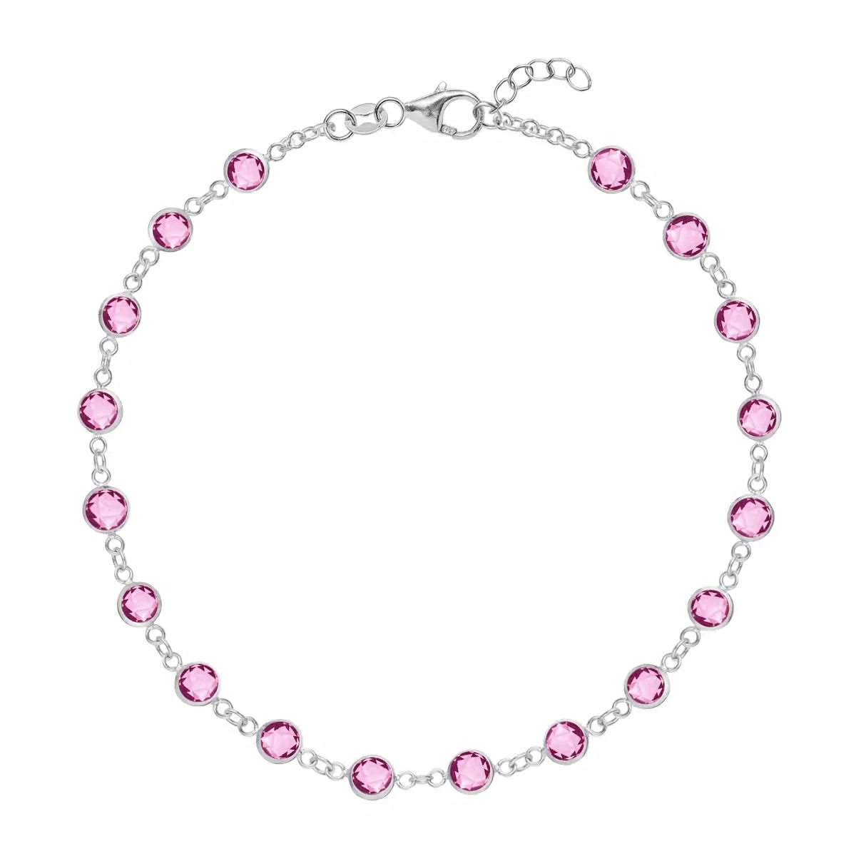 Newport 14k white gold bracelet featuring eighteen 4 mm briolette cut bezel set Pink Sapphires - front view