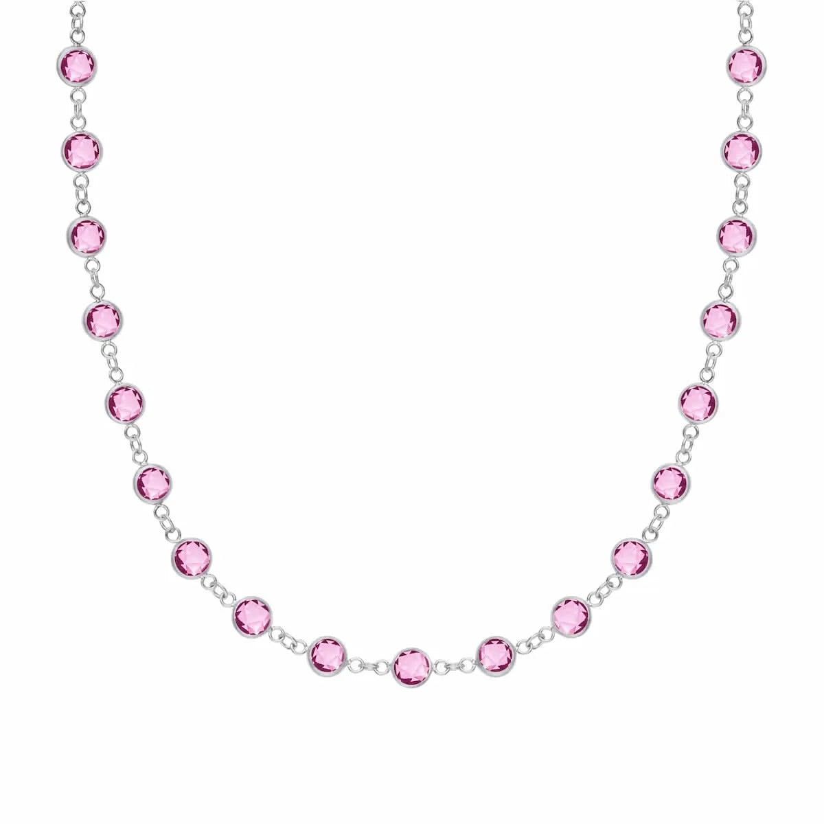 Newport necklace featuring nineteen 4 mm briolette cut pink sapphire bezel set in 14k white gold - front view