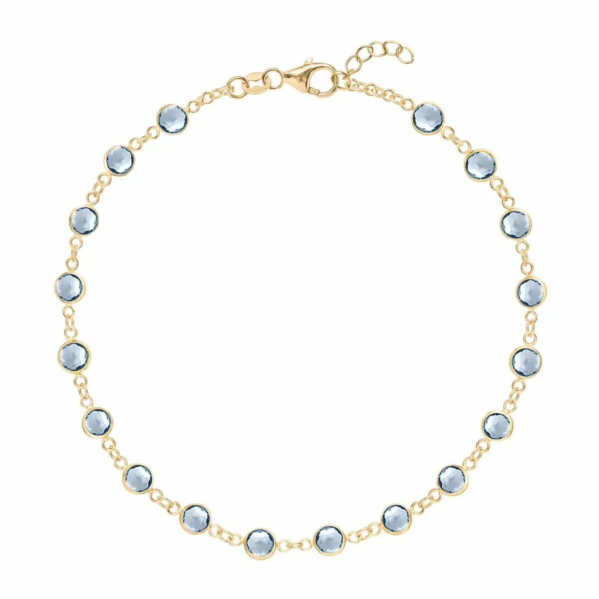 Newport 14k yellow gold bracelet featuring eighteen 4 mm briolette cut bezel set aquamarines - front view