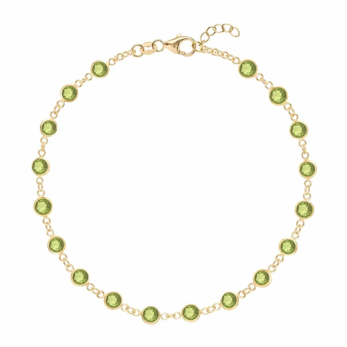 Newport 14k yellow gold bracelet featuring eighteen 4 mm briolette cut bezel set peridots - front view
