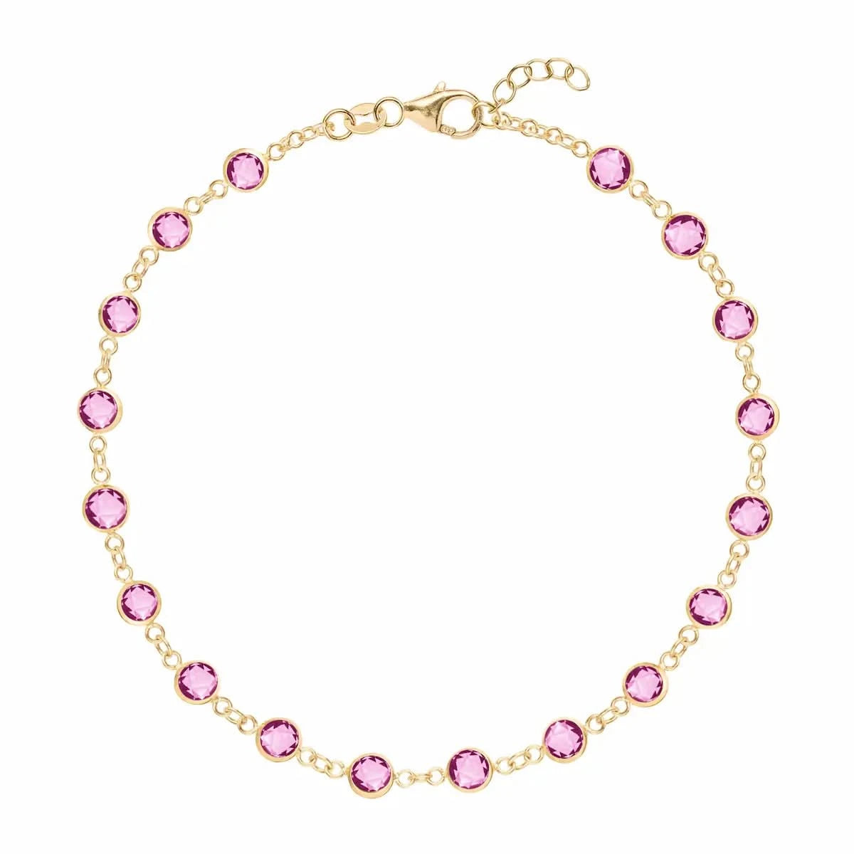 Newport 14k yellow gold bracelet featuring eighteen 4 mm briolette cut bezel set Pink Sapphires - front view