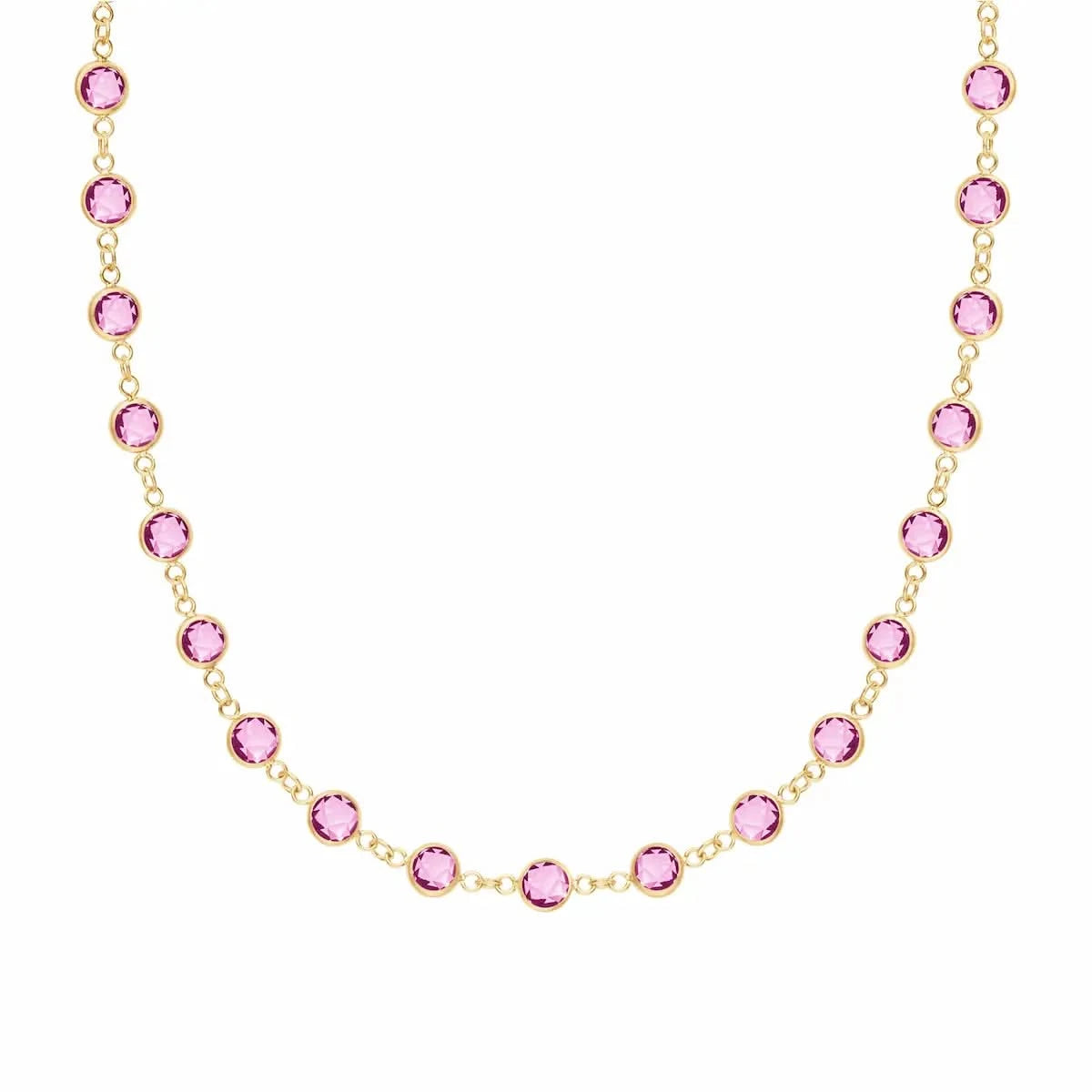 Newport necklace featuring nineteen 4 mm briolette cut pink sapphire bezel set in 14k yellow gold - front view