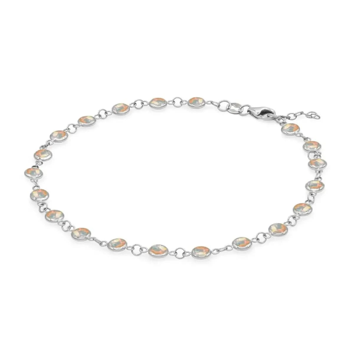 Newport 14k white gold bracelet featuring eighteen 4 mm briolette cut bezel set opals - angled view