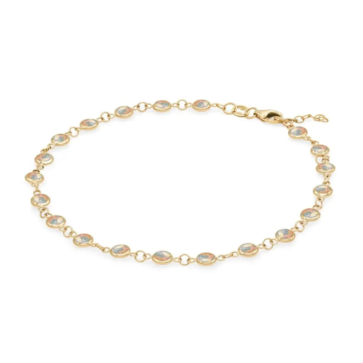 Newport 14k yellow gold bracelet featuring eighteen 4 mm briolette cut bezel set opals - angled view
