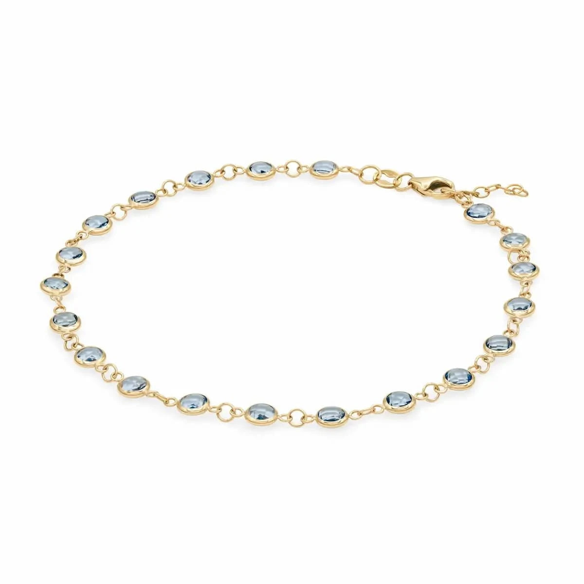 Newport 14k yellow gold bracelet featuring eighteen 4 mm briolette cut bezel set aquamarines - angled view