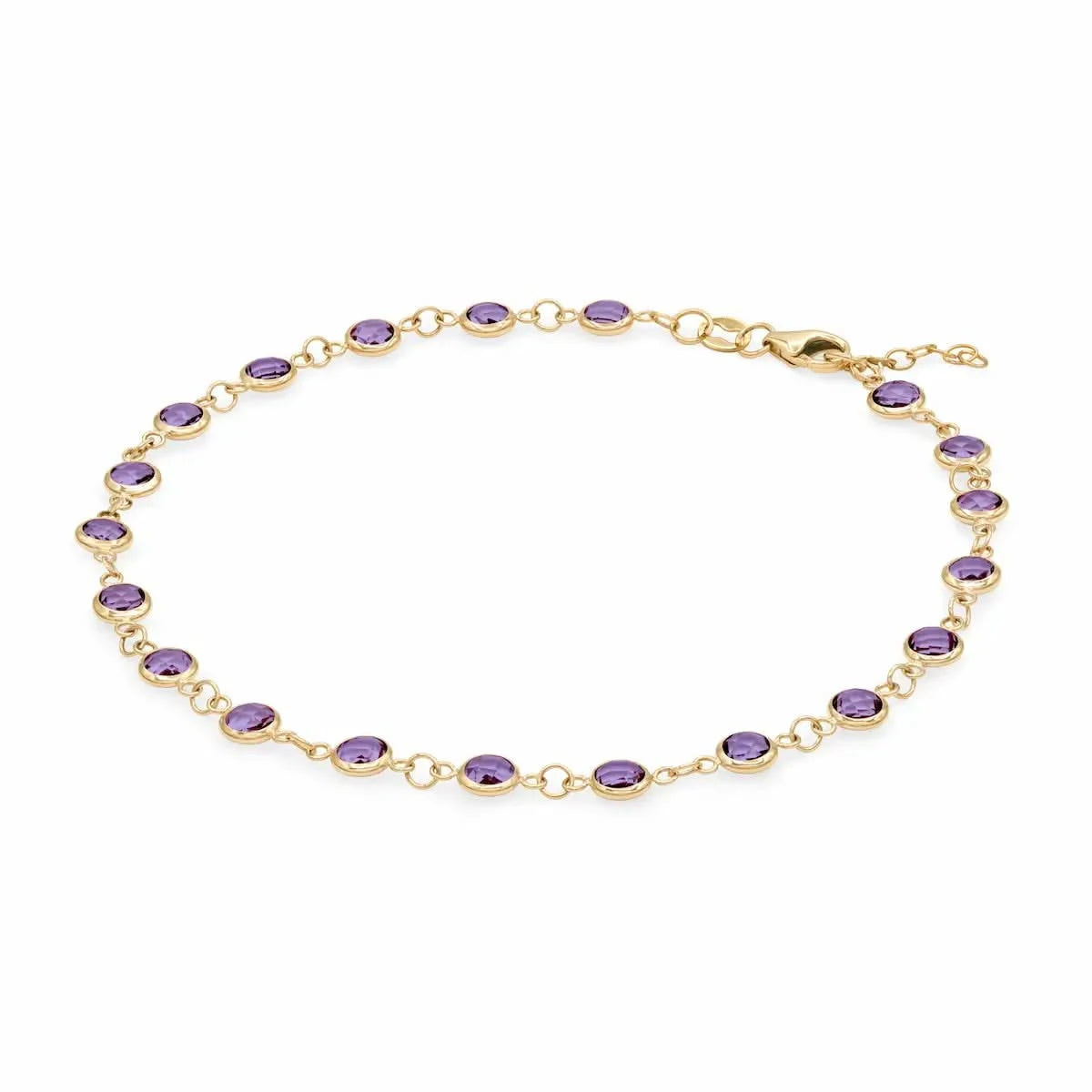 Newport 14k yellow gold bracelet featuring eighteen 4 mm briolette cut bezel set amethysts - angled view