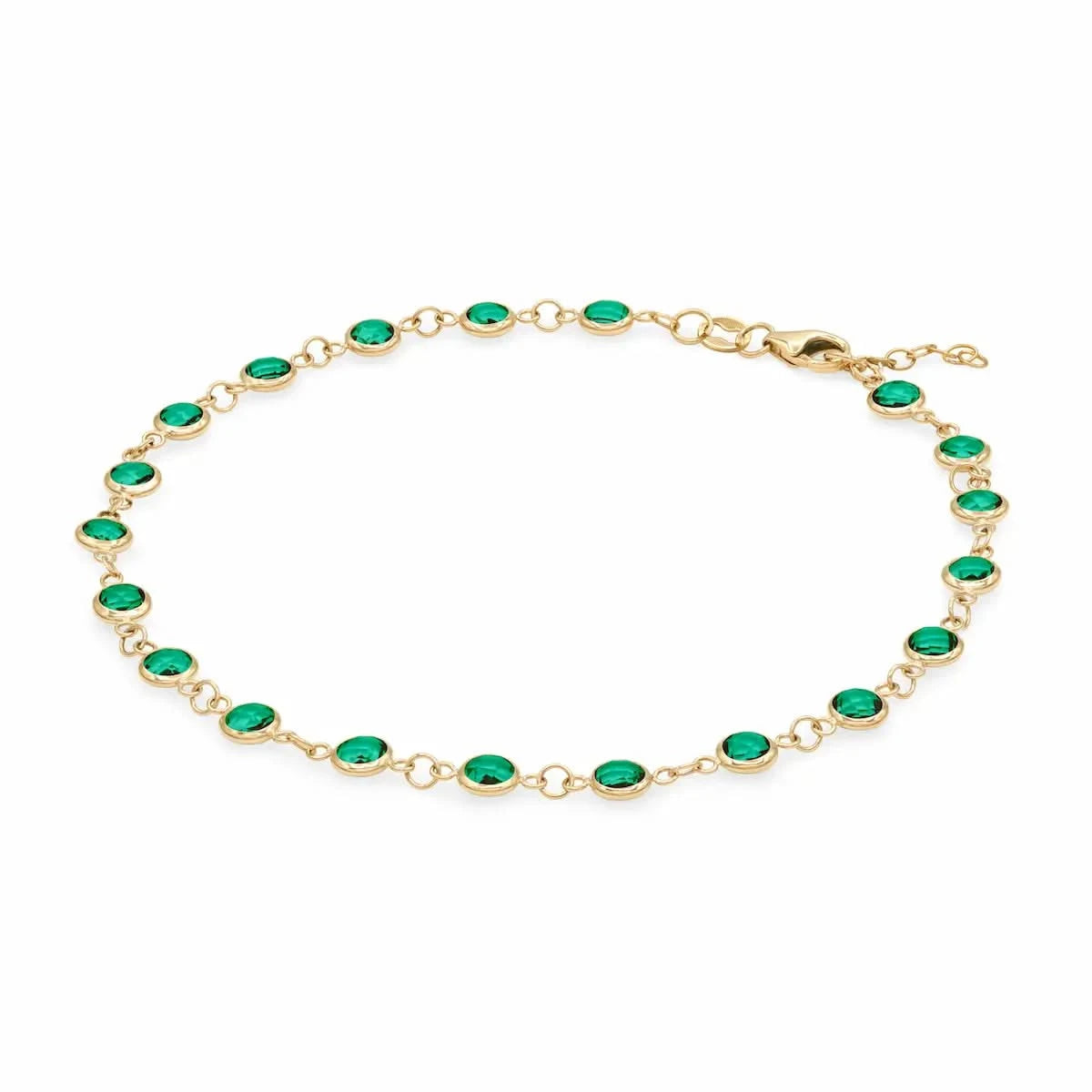 Newport 14k yellow gold bracelet featuring eighteen 4 mm briolette cut bezel set emeralds - angled view