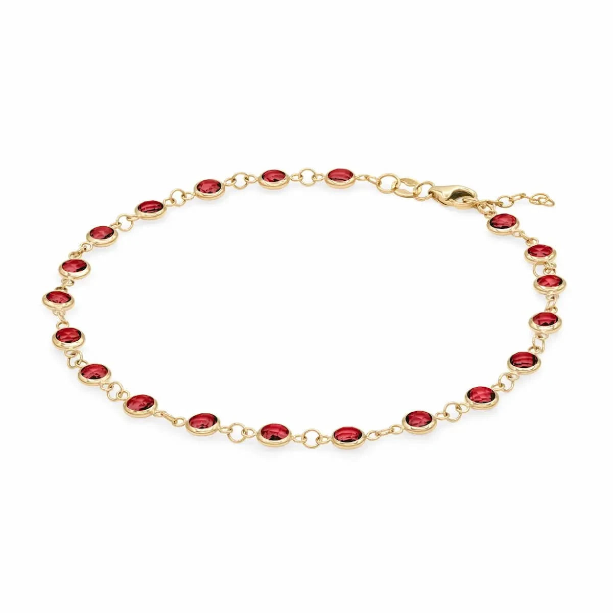 Newport 14k yellow gold bracelet featuring eighteen 4 mm briolette cut bezel set garnets - angled view
