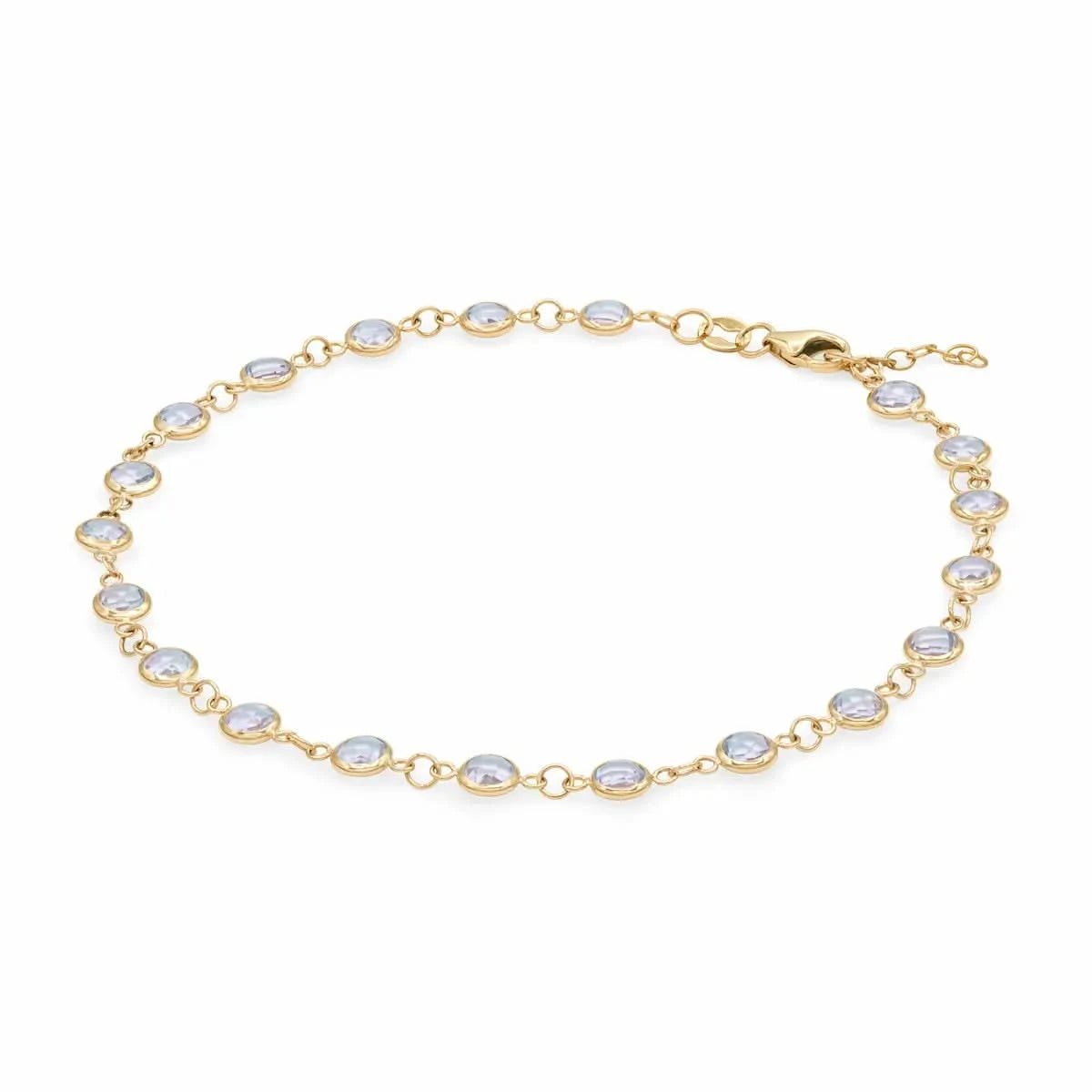 Newport 14k yellow gold bracelet featuring eighteen 4 mm briolette cut bezel set moonstones - angled view