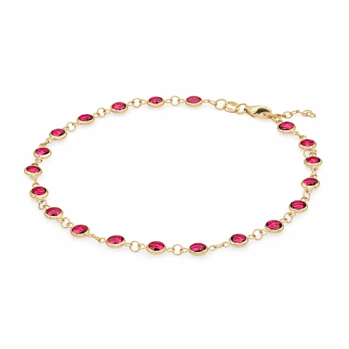 Newport 14k yellow gold bracelet featuring eighteen 4 mm briolette cut bezel set rubies - angled view