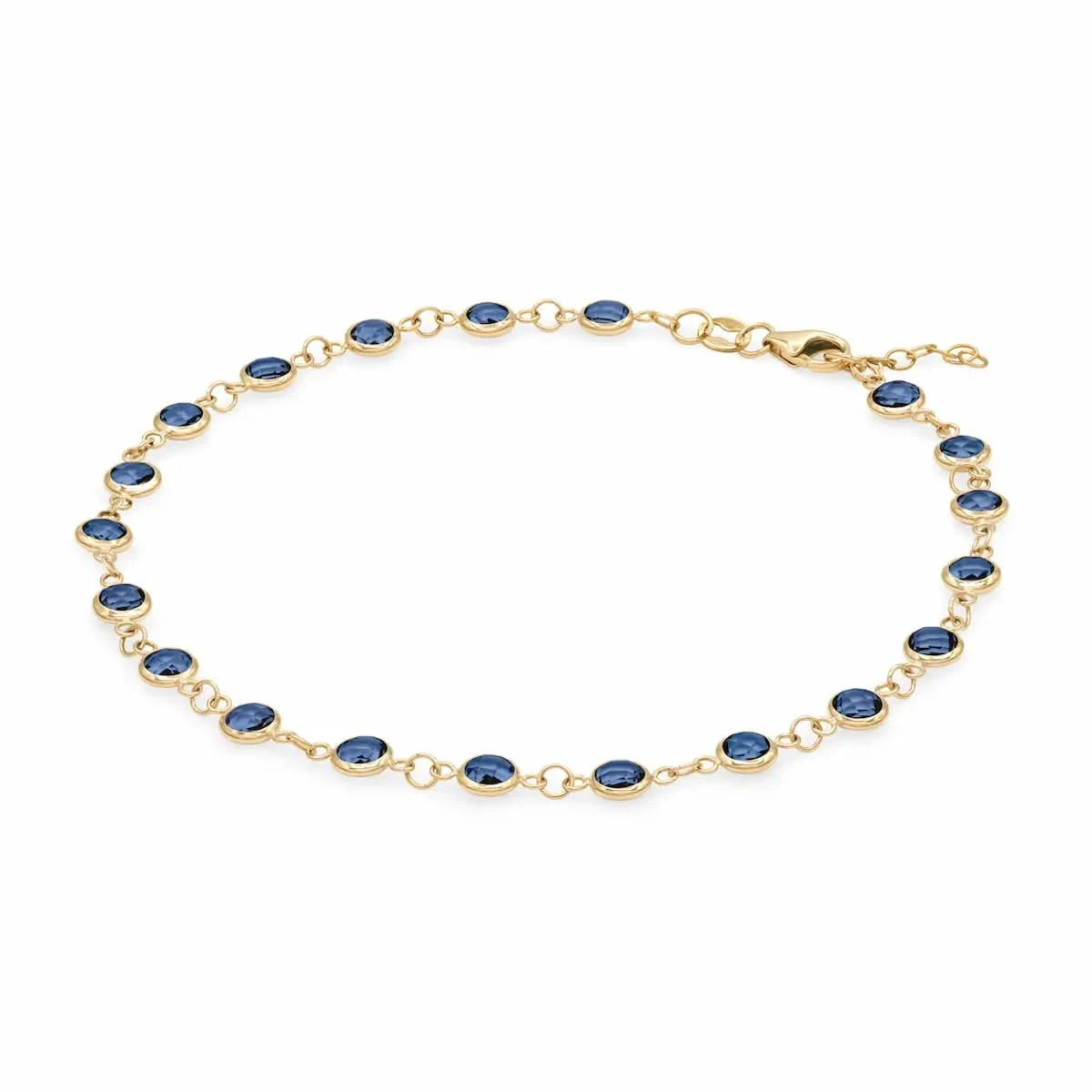 Newport 14k yellow gold bracelet featuring eighteen 4 mm briolette cut bezel set sapphires - angled view