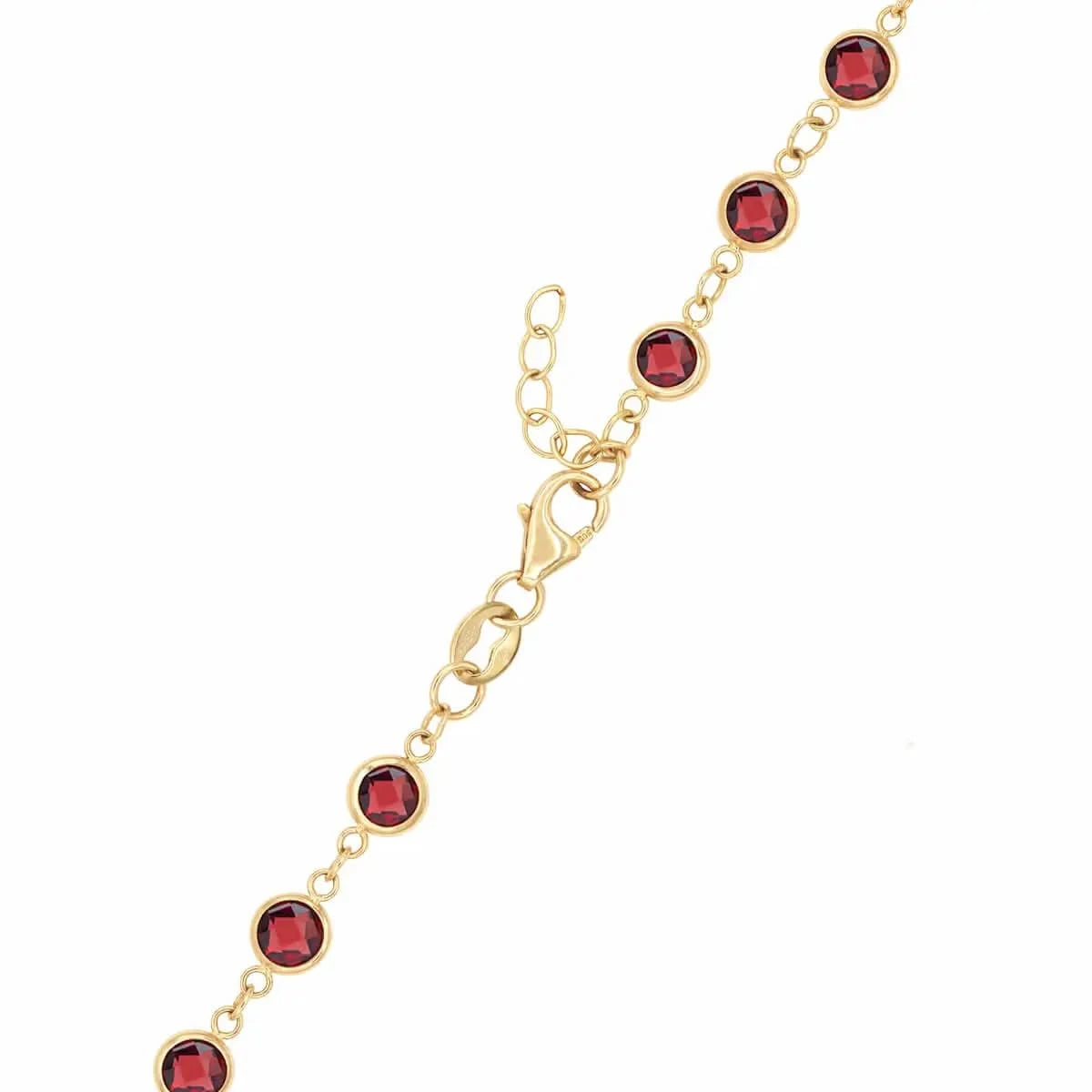 14k yellow gold 1.17 mm cable chain with a lobster claw clasp and 4 mm briolette cut bezel set garnets