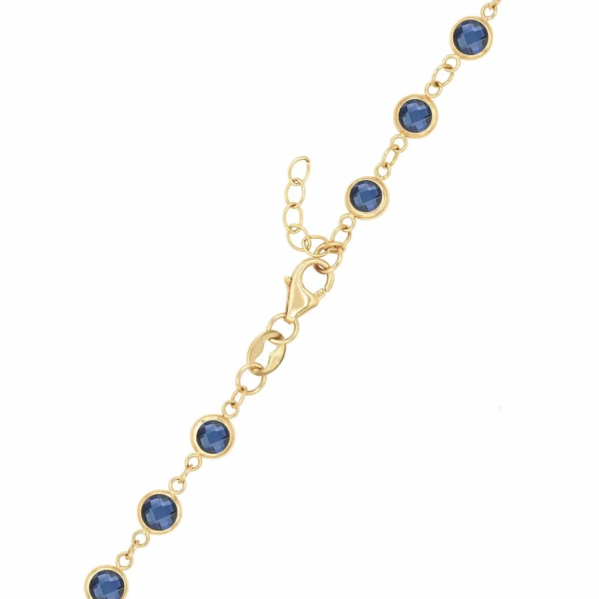 14k yellow gold 1.17 mm cable chain with a lobster claw clasp and 4 mm briolette cut bezel set sapphires