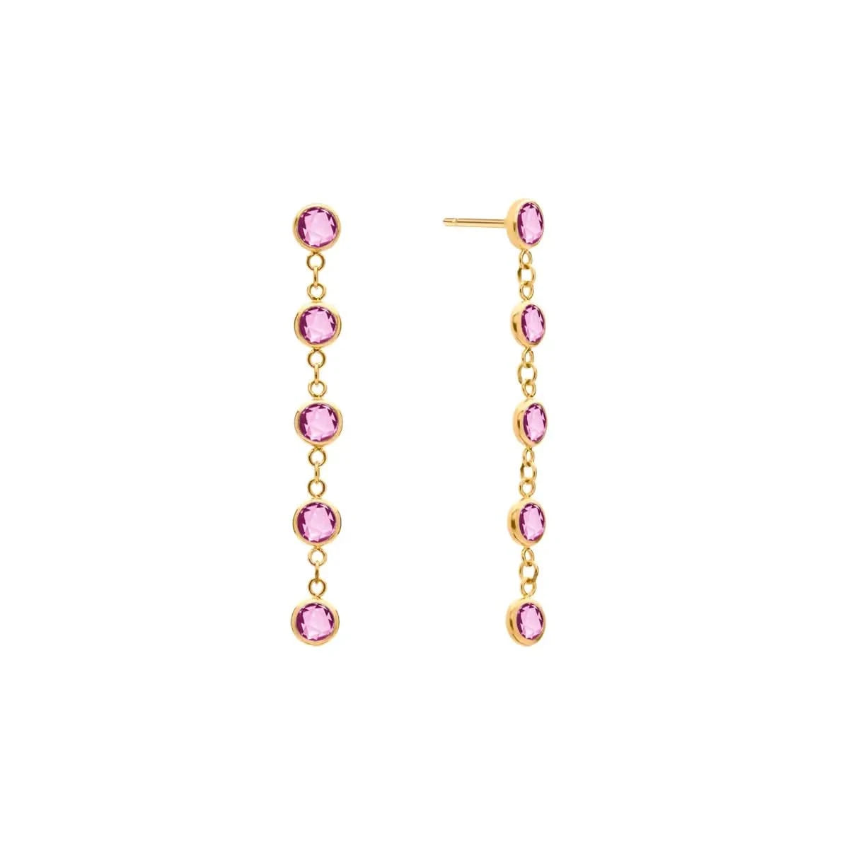 A pair of Newport earrings, each featuring five 4 mm briolette-cut pink sapphires bezel set in 14k yellow gold