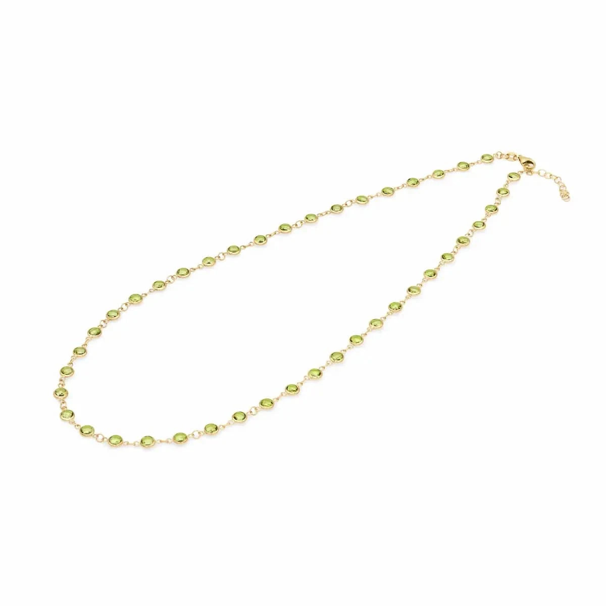 Newport necklace featuring forty-two 4 mm briolette cut peridots bezel set in 14k yellow gold