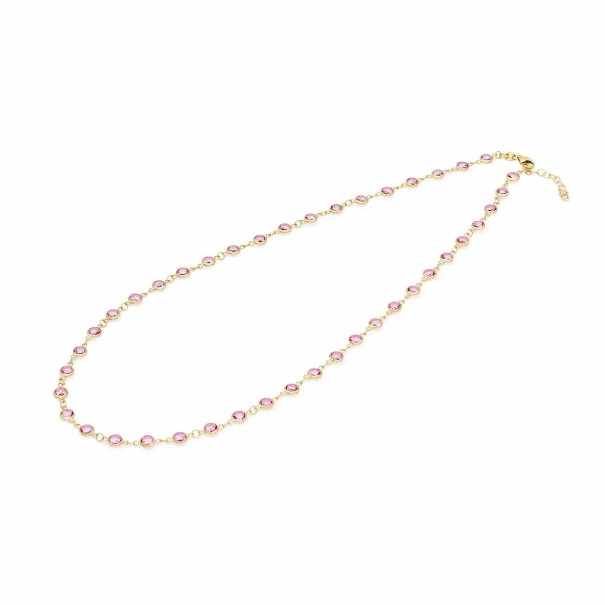Newport necklace featuring forty-two 4 mm briolette cut pink sapphires bezel set in 14k yellow gold