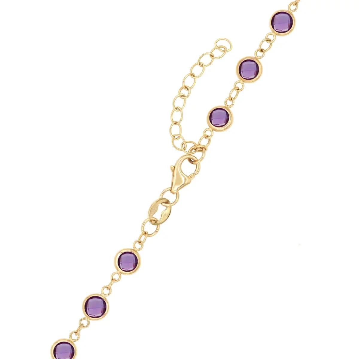 Adjustable chain and lobster clasp on Newport necklace with bezel-set amethysts.