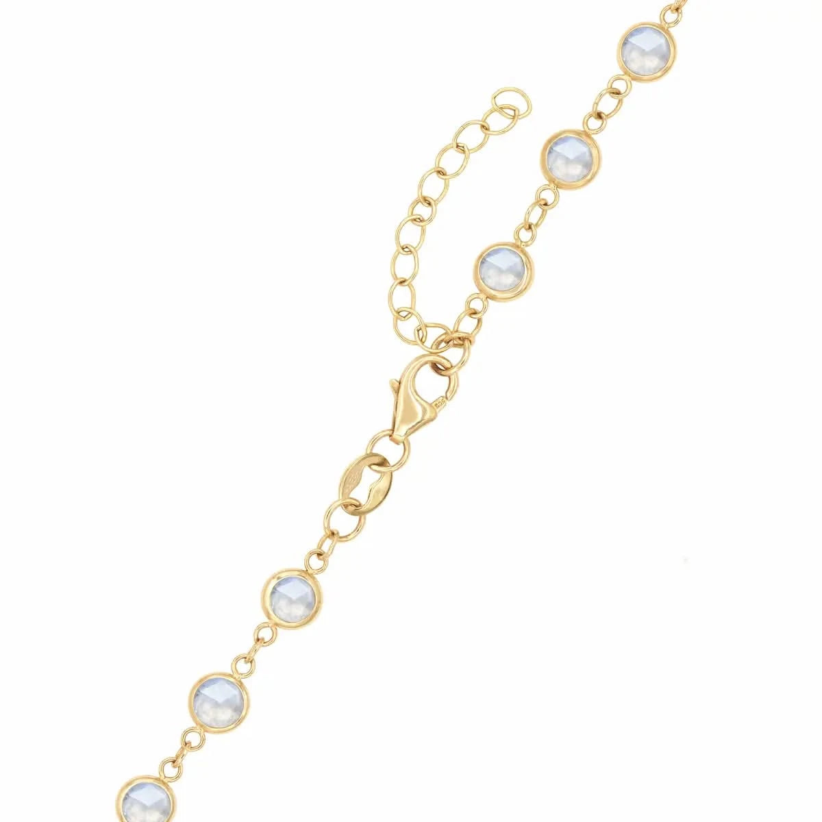 14k yellow gold 1.17 mm cable chain with a lobster claw clasp and 4 mm briolette cut bezel set moonstones
