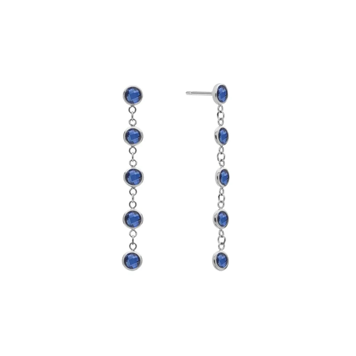 A pair of Newport earrings each featuring five 4 mm briolette cut sapphires bezel set in 14k white gold