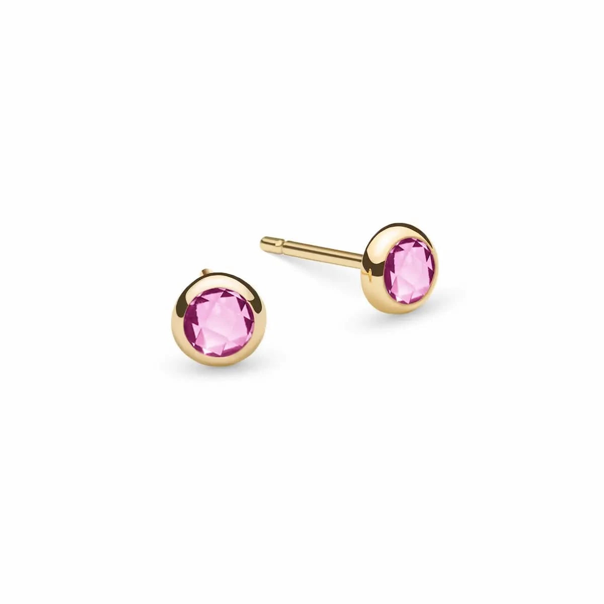 Pair of Birthstone Stud Earrings featuring 4 mm briolette cut Pink Sapphires bezel set in 14k yellow gold - front view