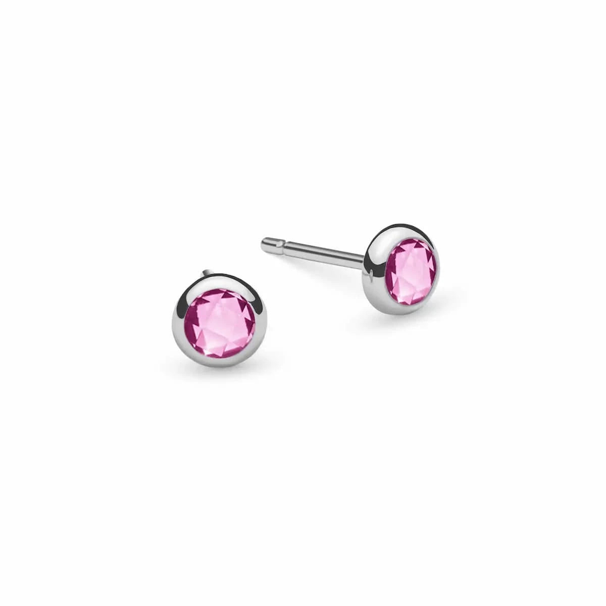 Pair of Birthstone Stud Earrings featuring 4 mm briolette cut Pink Sapphires bezel set in 14k white gold - front view
