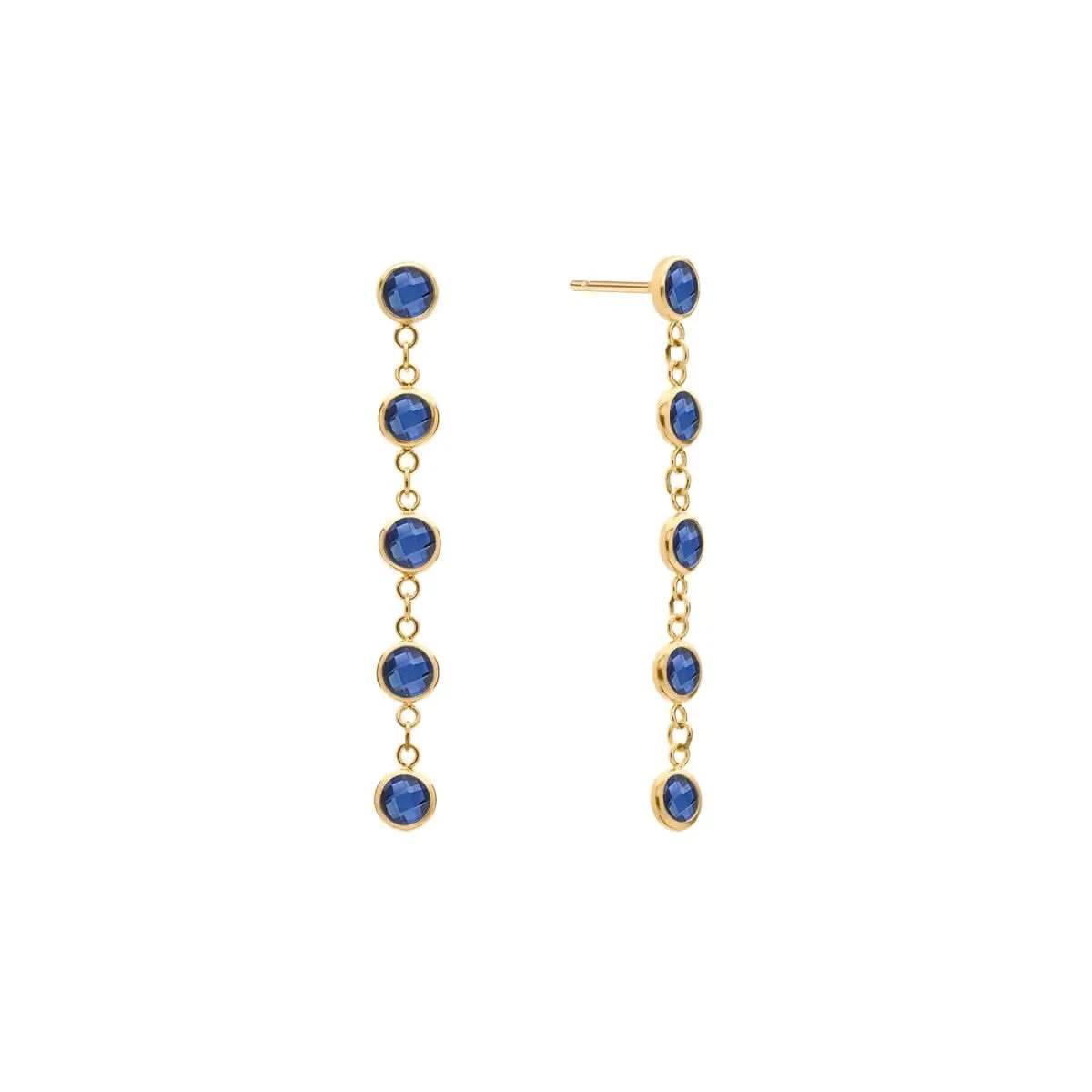 A pair of Newport earrings each featuring five 4 mm briolette cut sapphires bezel set in 14k yellow gold