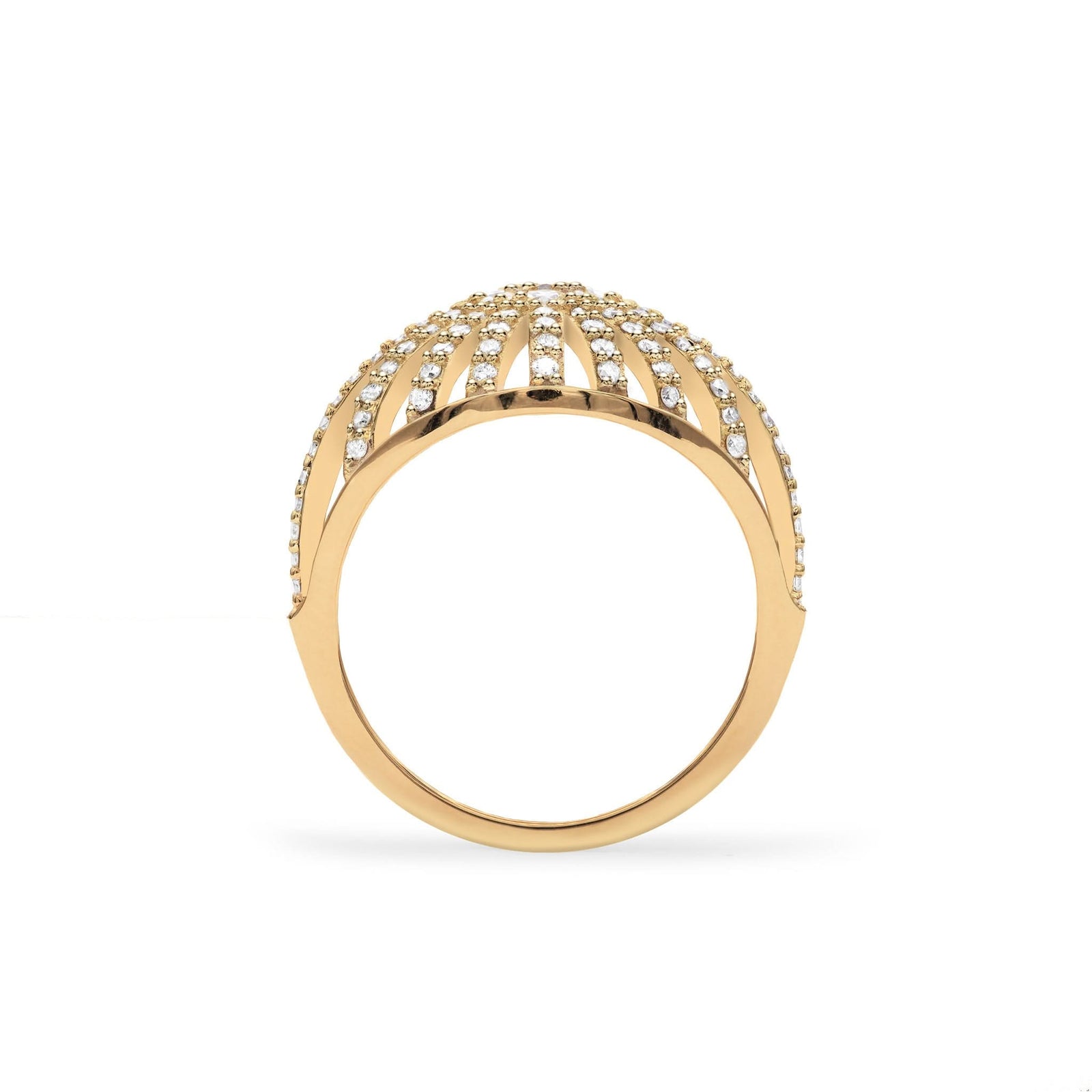 Diamond Dome Ring featuring Ninety Eight 1 mm and Seven 2mm faceted round cut, prong set, Diamonds