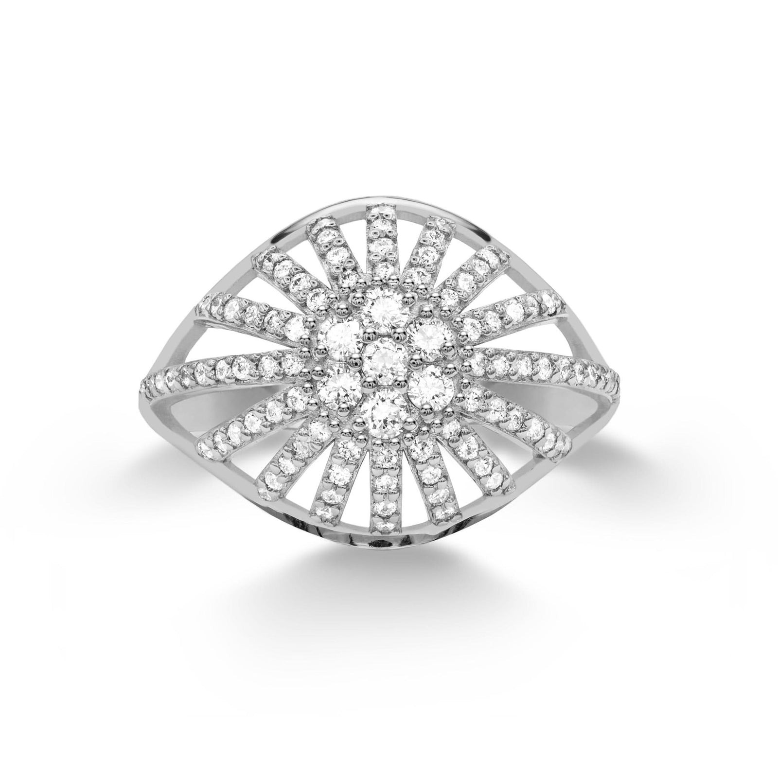 Diamond Dome Ring featuring Ninety Eight 1 mm and Seven 2mm faceted round cut, prong set, Diamonds in 14k White Gold - aerial view