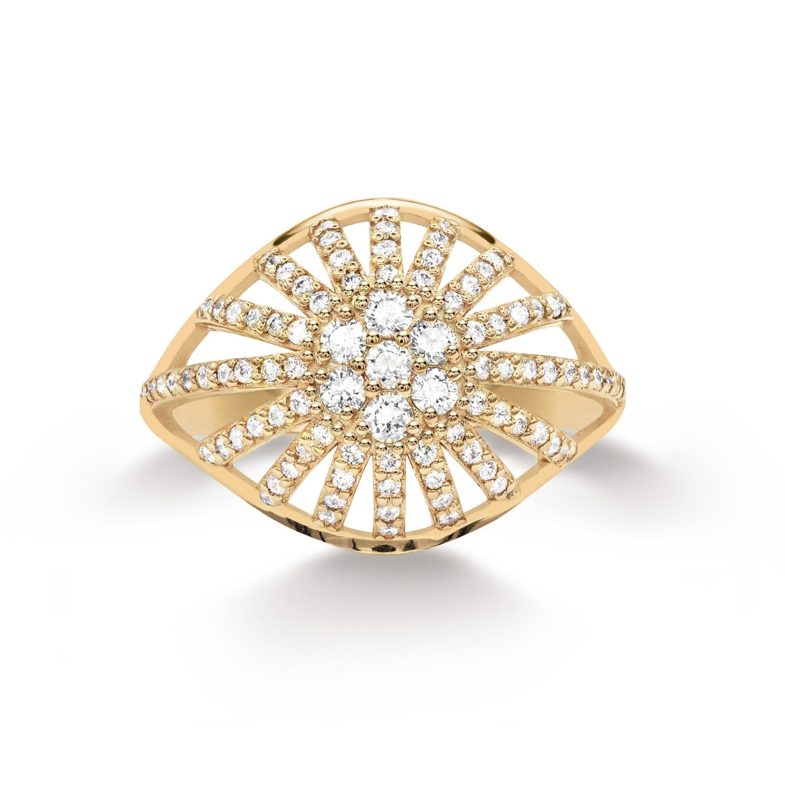 Diamond Dome Ring featuring Ninety Eight 1 mm and Seven 2mm faceted round cut, prong set, Diamonds - aerial view