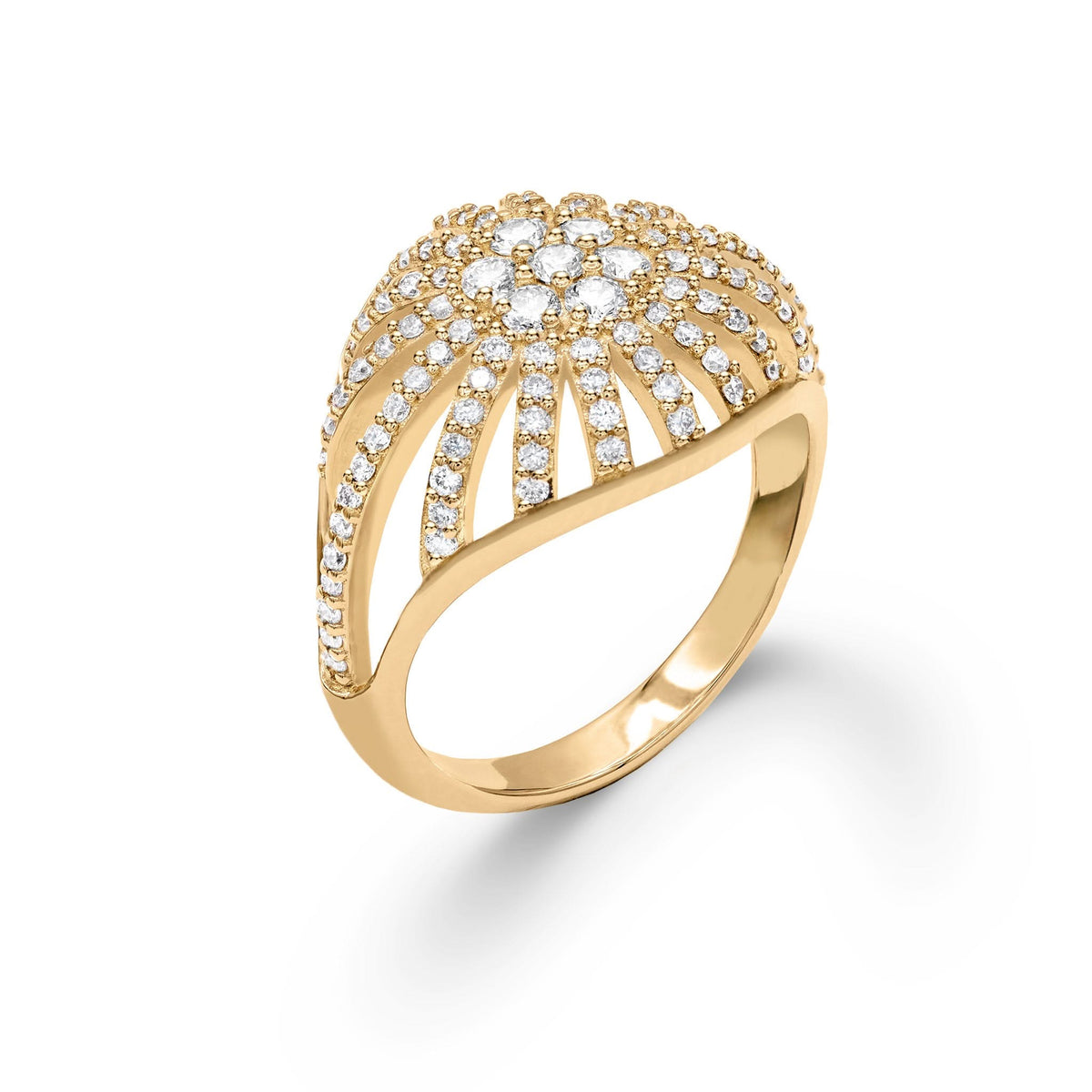 Diamond Dome Ring featuring Ninety Eight 1 mm and Seven 2mm faceted round cut, prong set, Diamonds in 14k Yellow Gold- angled view