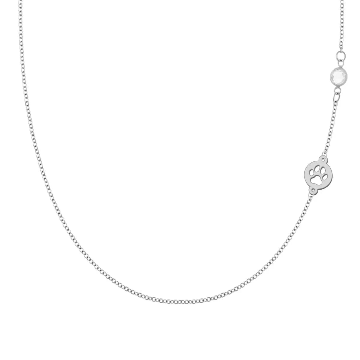 A 14k white gold necklace with a solid gold 1/4" cutout Paw symbol and petite 4mm gemstone - front view.