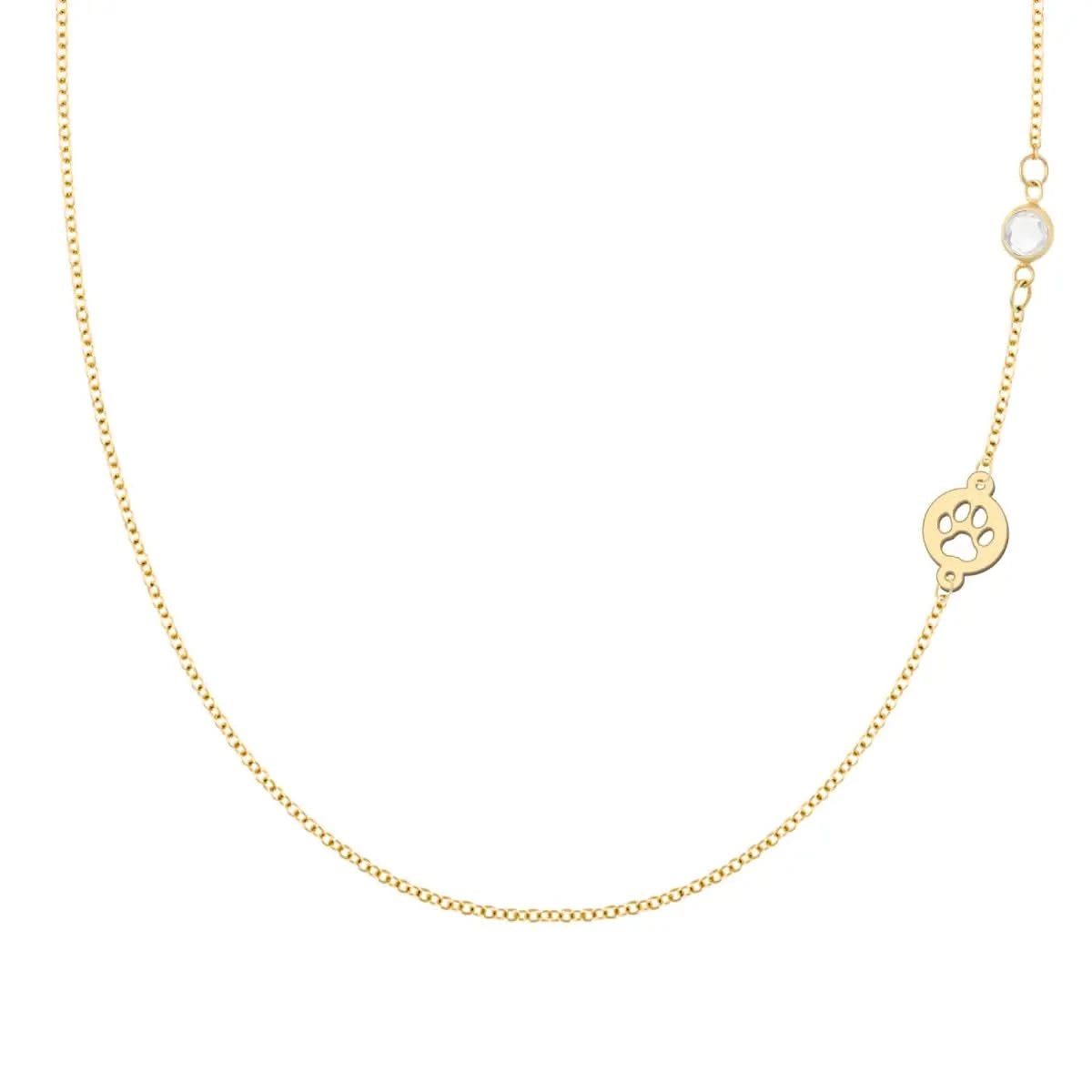 A 14k yellow gold necklace with a solid gold 1/4" cutout Paw symbol and petite 4mm gemstone - front view.