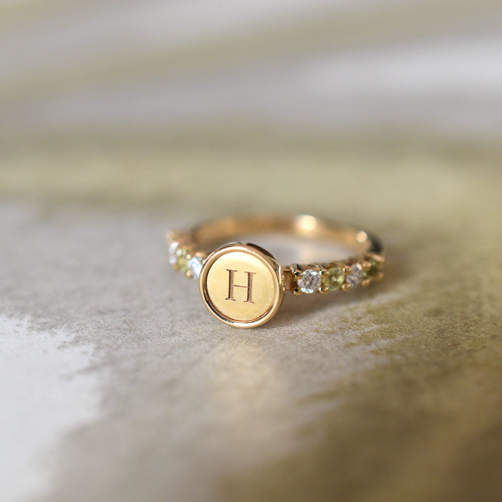 Rosecliff Letter Diamond & Peridot Ring in 14k Gold (August)
