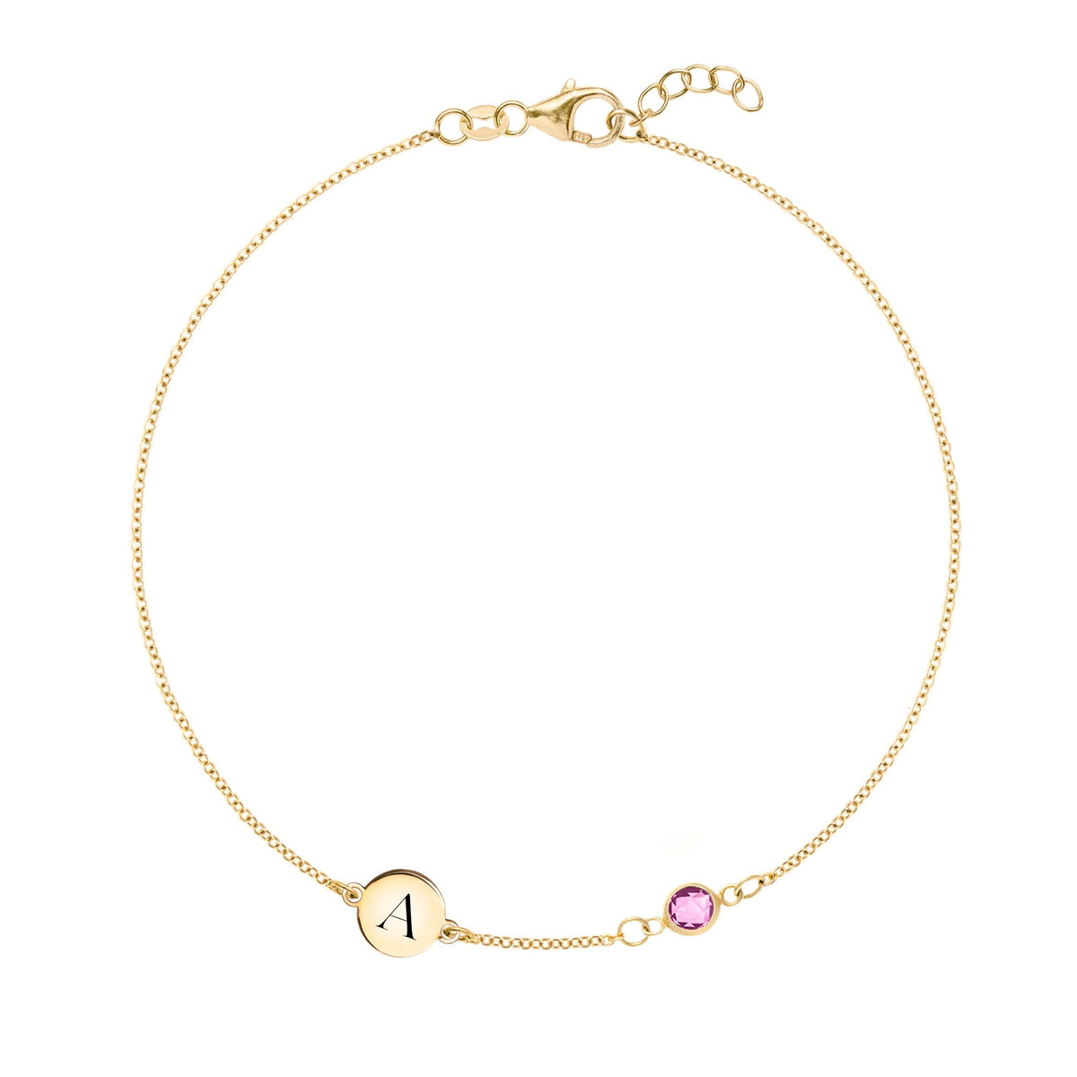 1 Letter & 1 Petite Pink Sapphire Bracelet in 14k Gold (October)