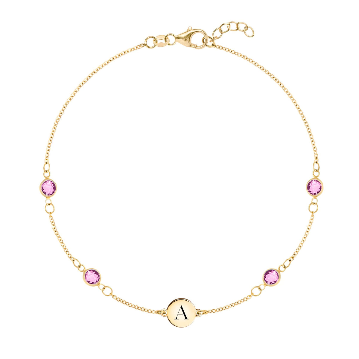 1 Letter & 4 Petite Pink Sapphire Bracelet in 14k Gold (October)