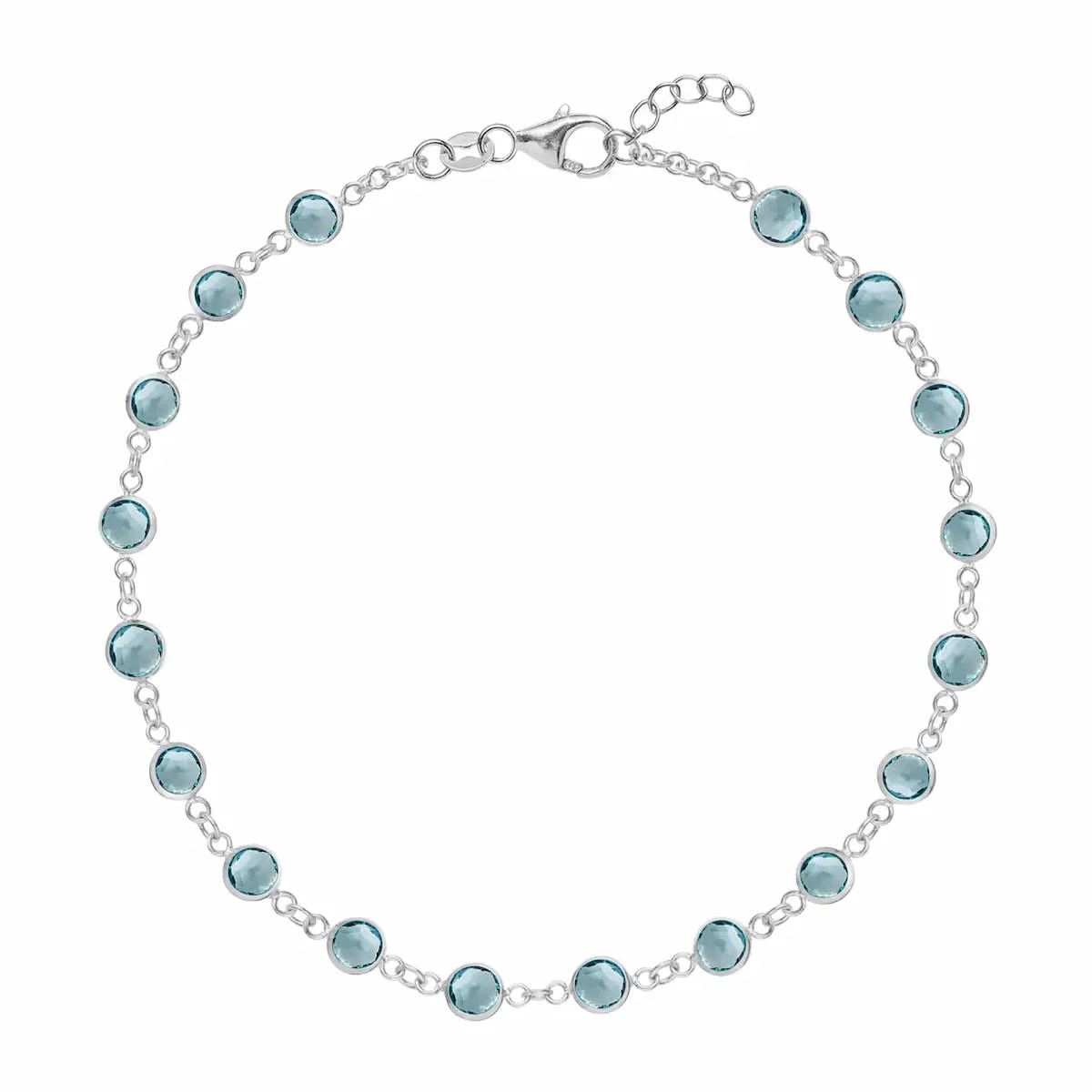 Newport 14k white gold bracelet featuring eighteen 4 mm briolette cut bezel set Nantucket blue topaz