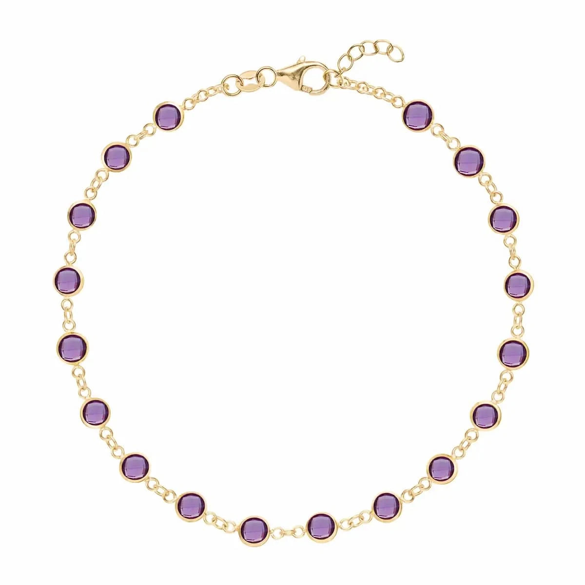 Newport 14k yellow gold bracelet featuring eighteen 4 mm briolette cut bezel set amethysts - front view