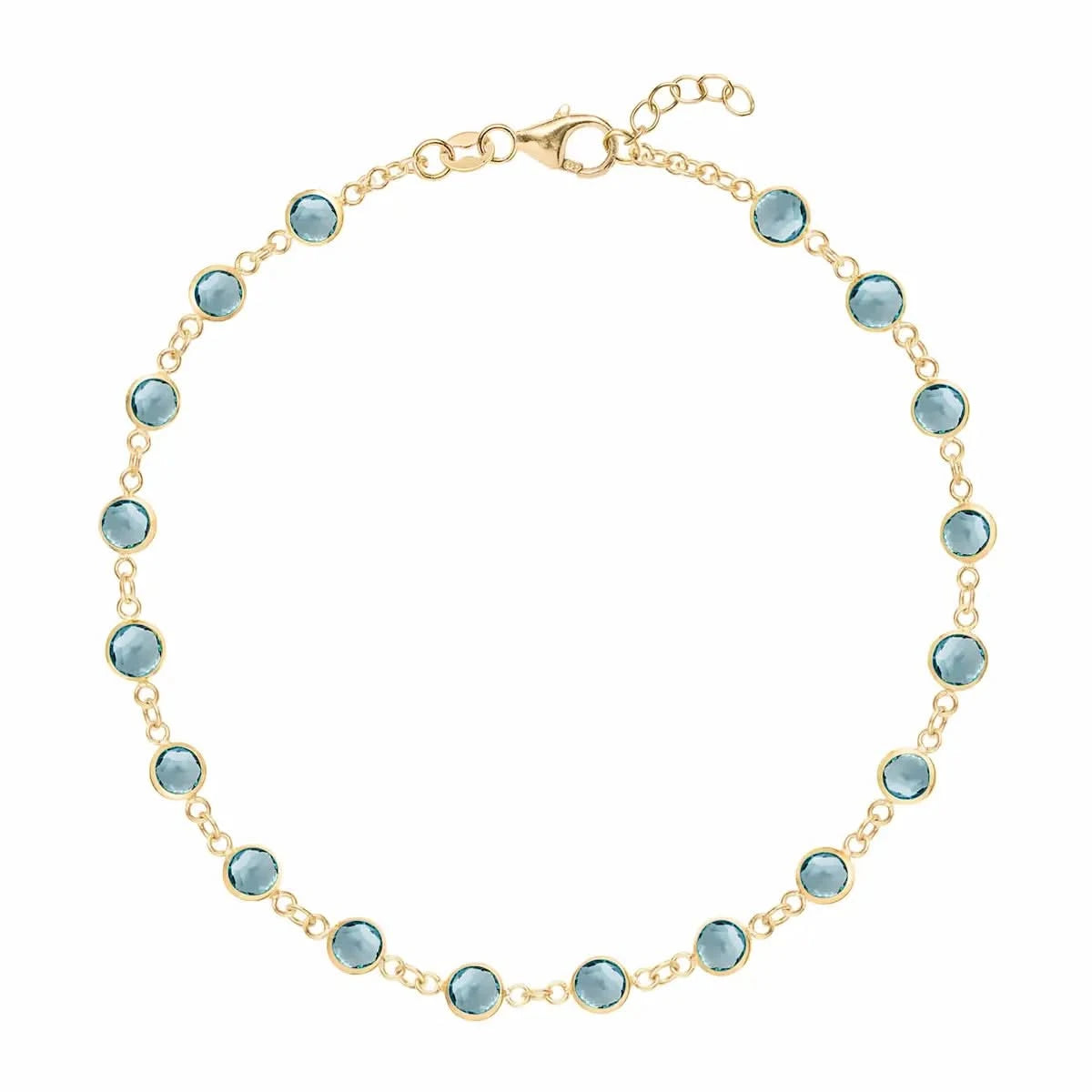 Newport 14k yellow gold bracelet featuring eighteen 4 mm briolette cut bezel set Nantucket blue topaz - front view